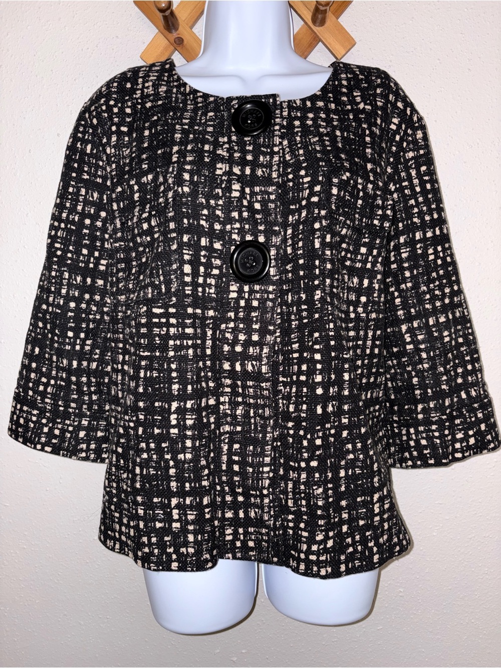 Michael Kors Black and Cream Textured Tweed Jacket with Large Buttons
